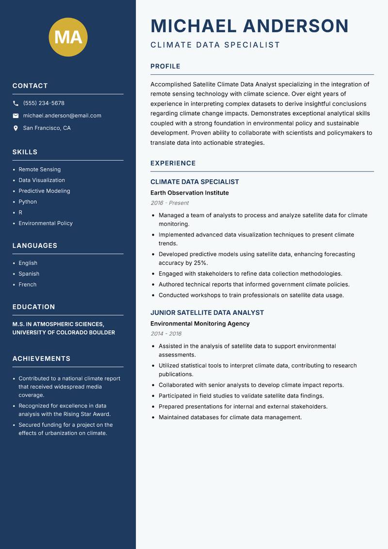 Satellite Climate Data Analyst resume template — Classic Clean