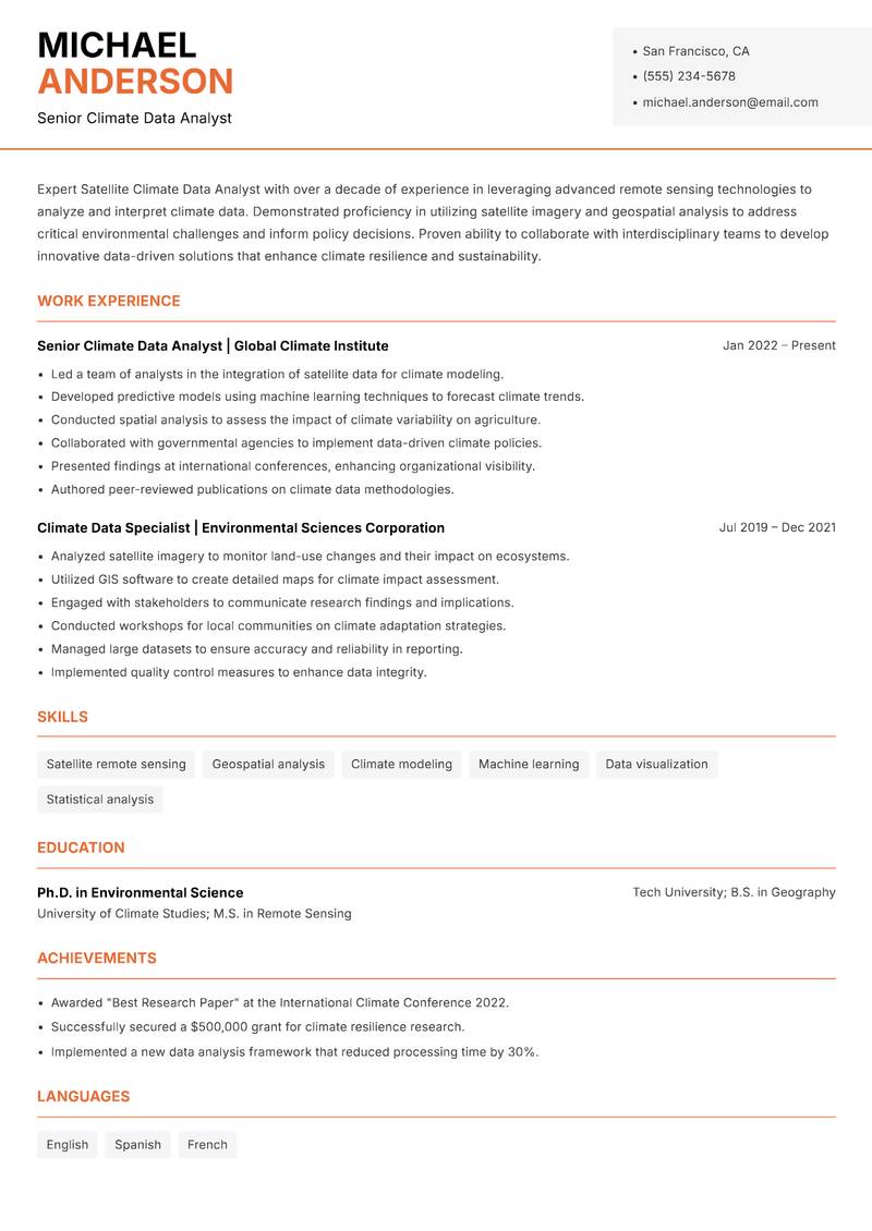 Satellite Climate Data Analyst resume template — Modern Professional