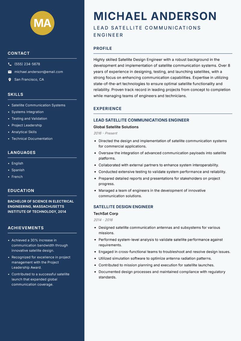 Satellite Design Engineer resume template — Classic Clean