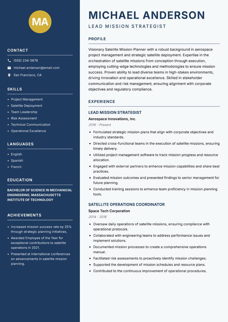 Satellite Mission Planner resume template — Classic Clean