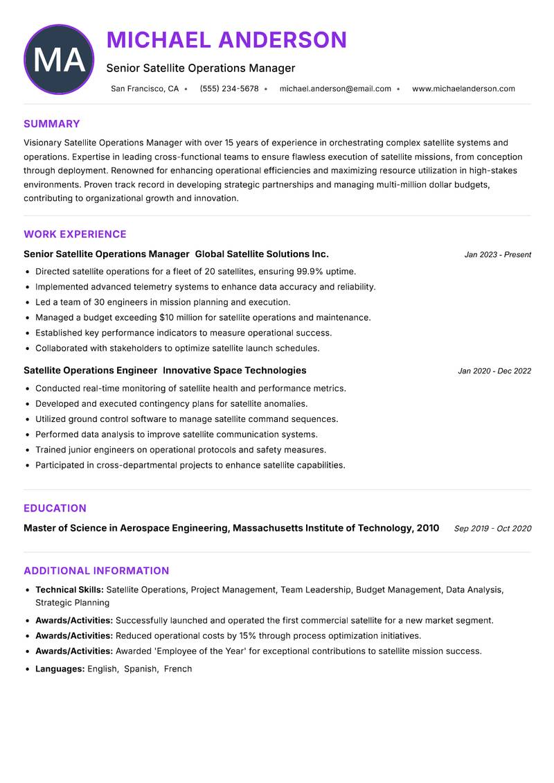Satellite Operations Manager resume example — ATS-friendly template