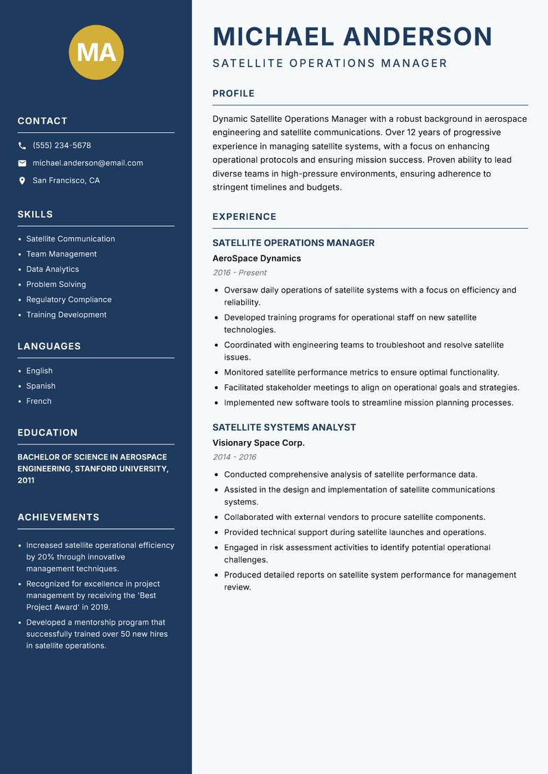 Satellite Operations Manager resume template — Classic Clean