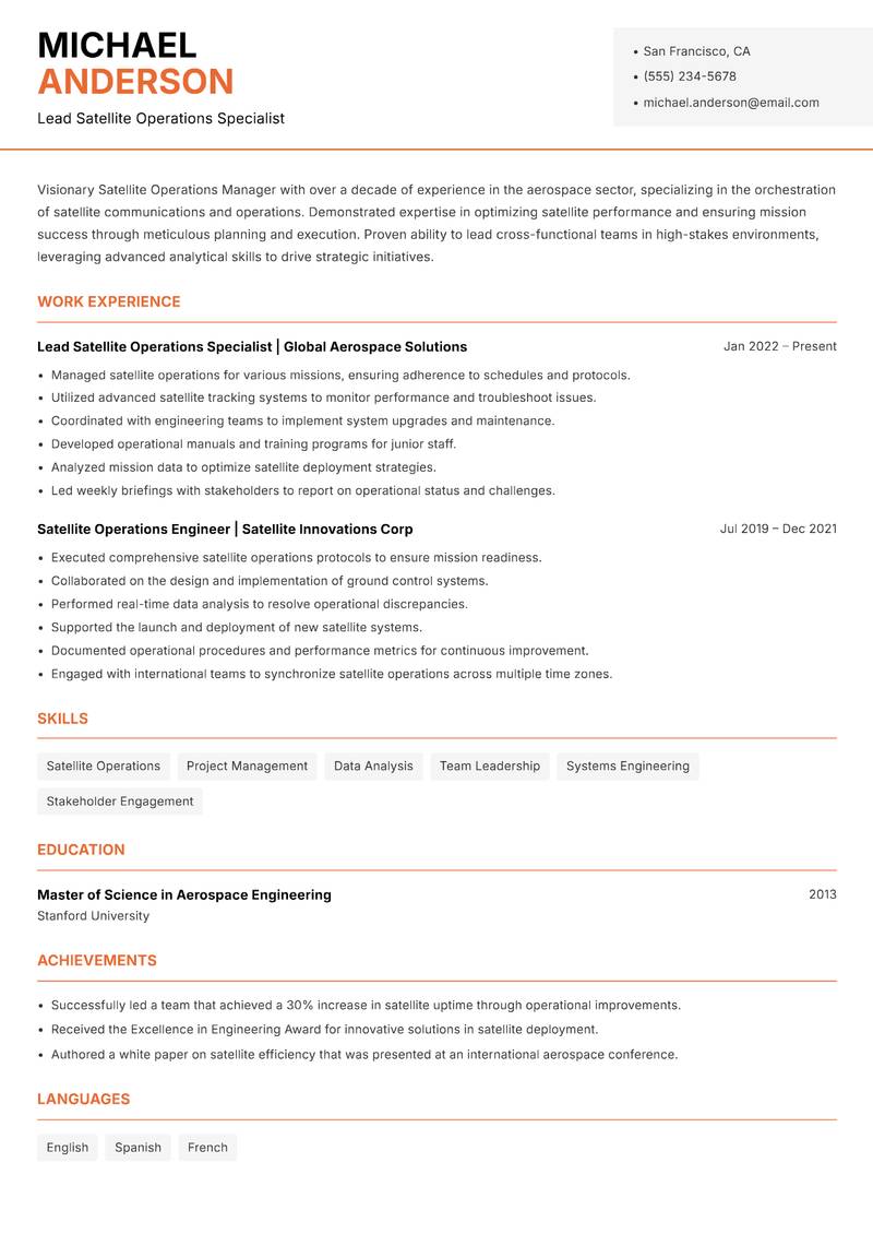 Satellite Operations Manager resume template — Modern Professional