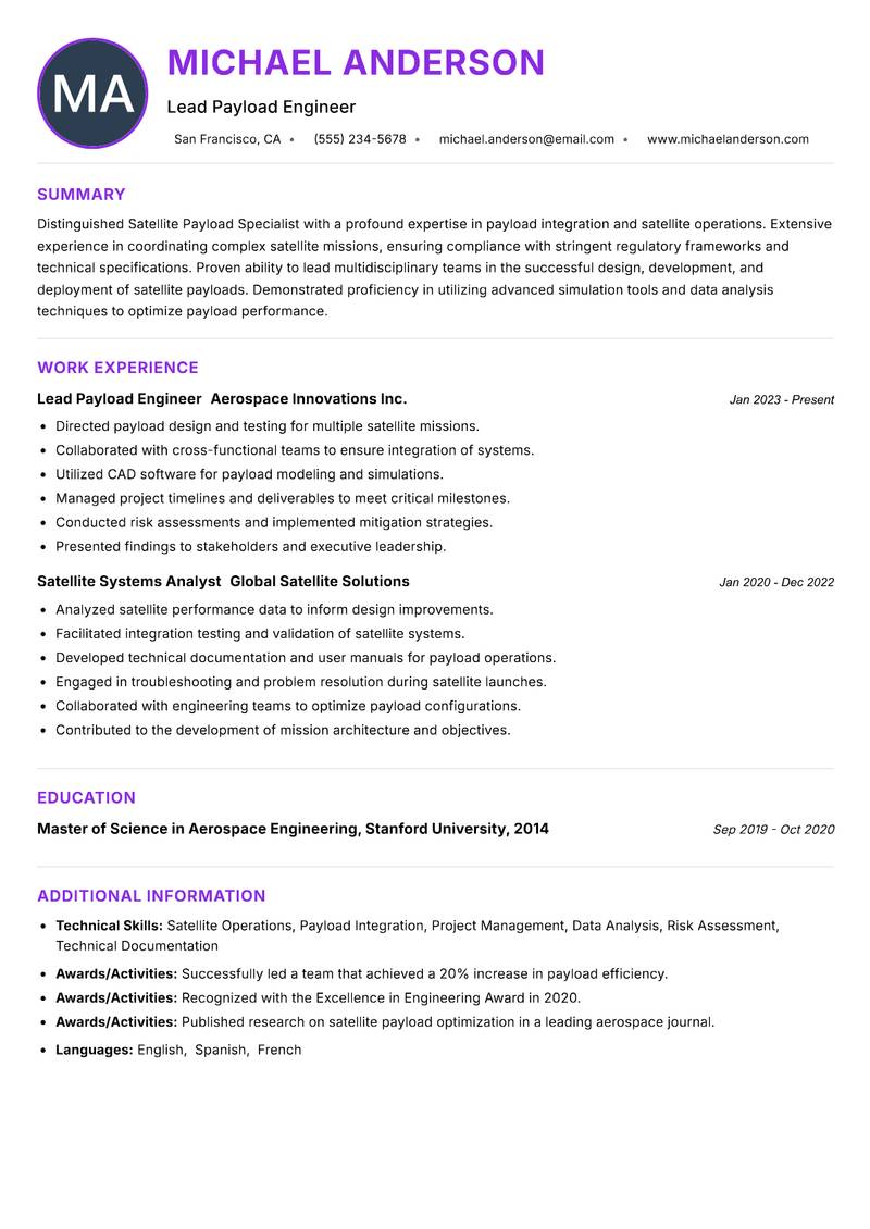 Satellite Payload Specialist resume example — ATS-friendly template
