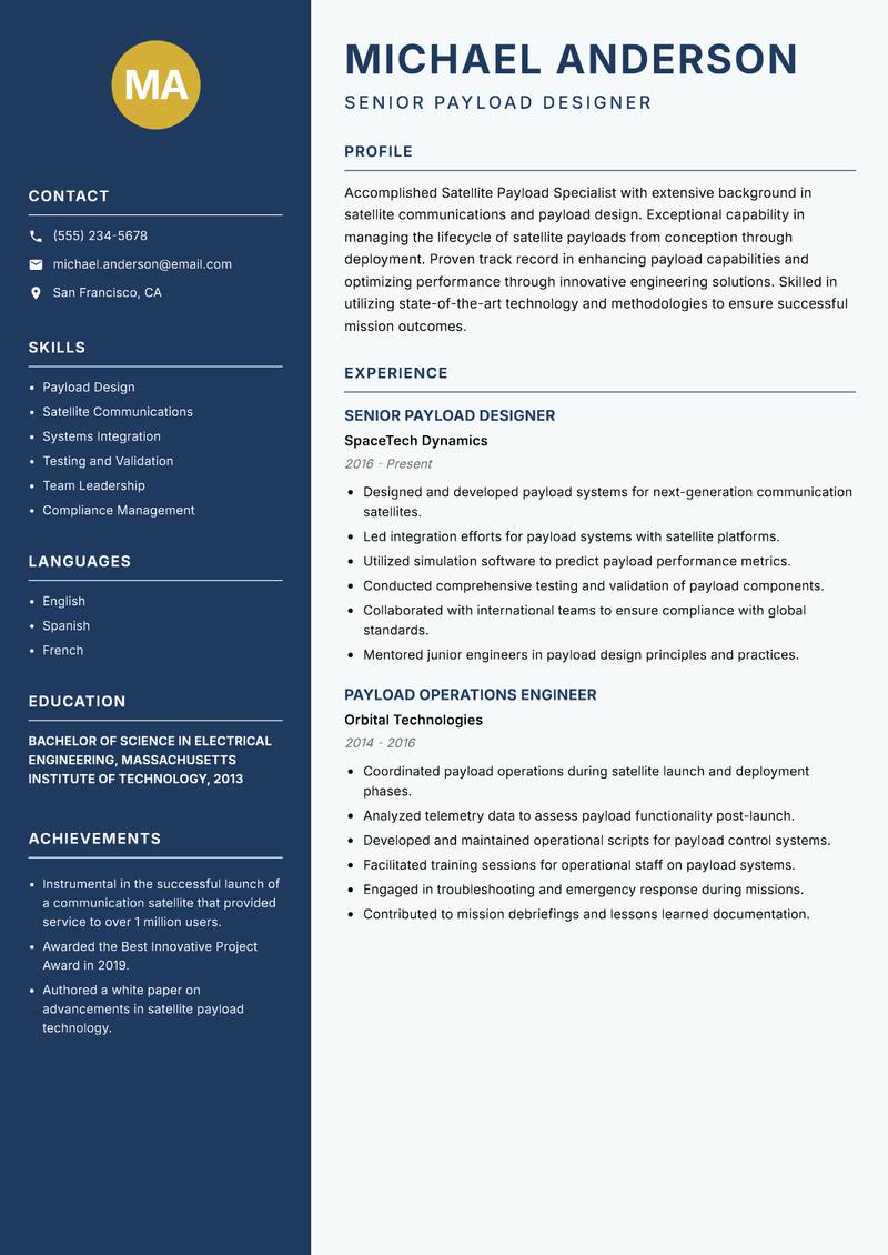 Satellite Payload Specialist resume template — Classic Clean