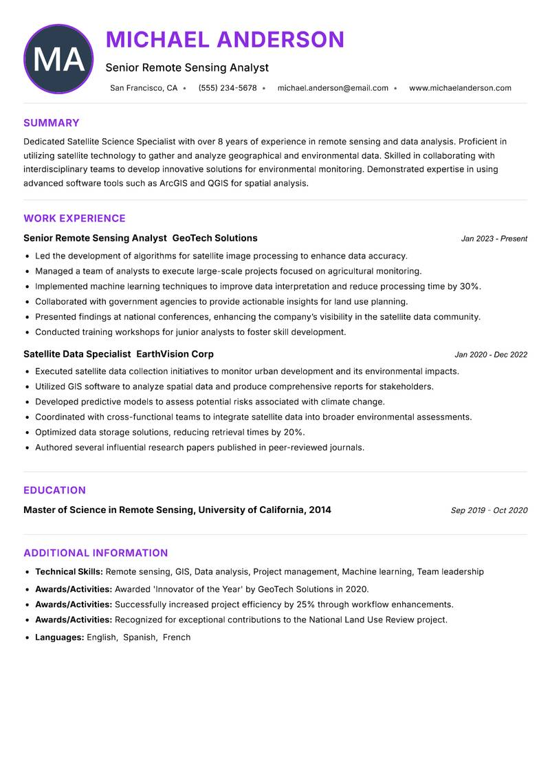 Satellite Science Specialist resume example — ATS-friendly template