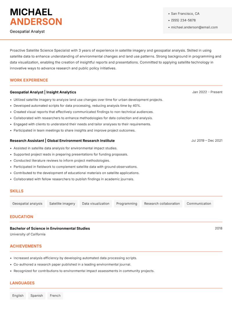 Satellite Science Specialist resume template — Modern Professional