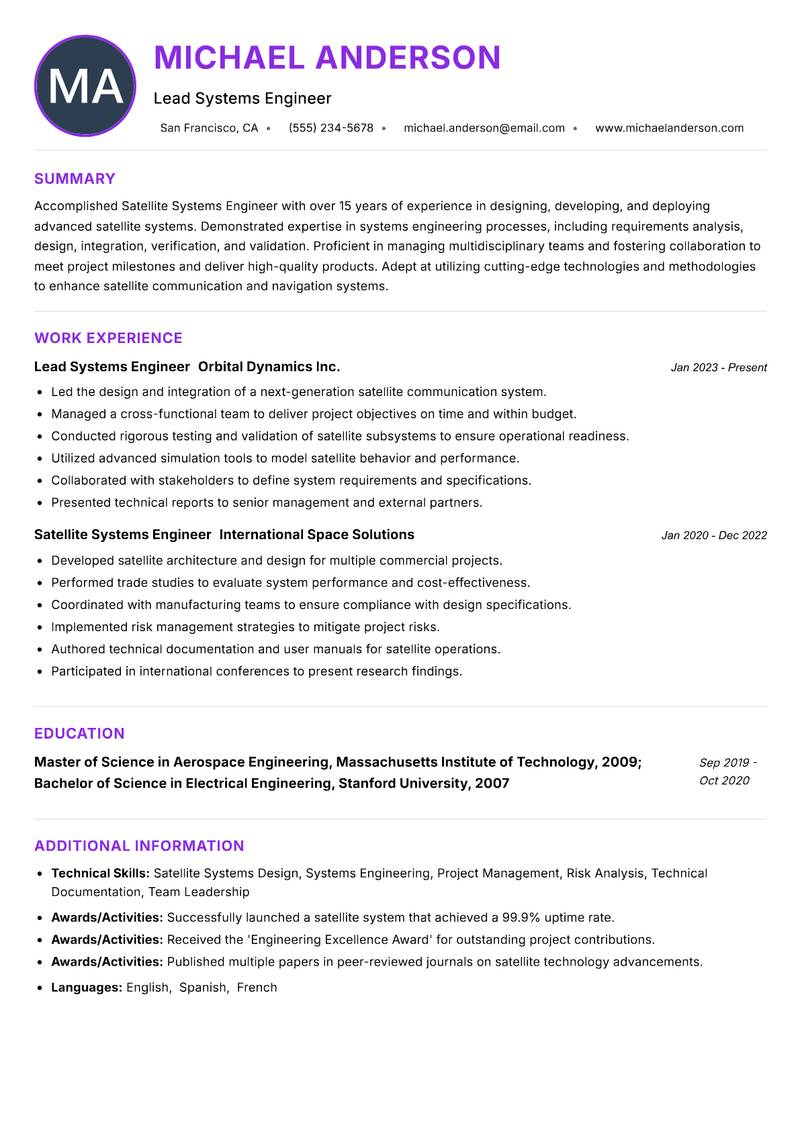 Satellite Systems Engineer resume example — ATS-friendly template