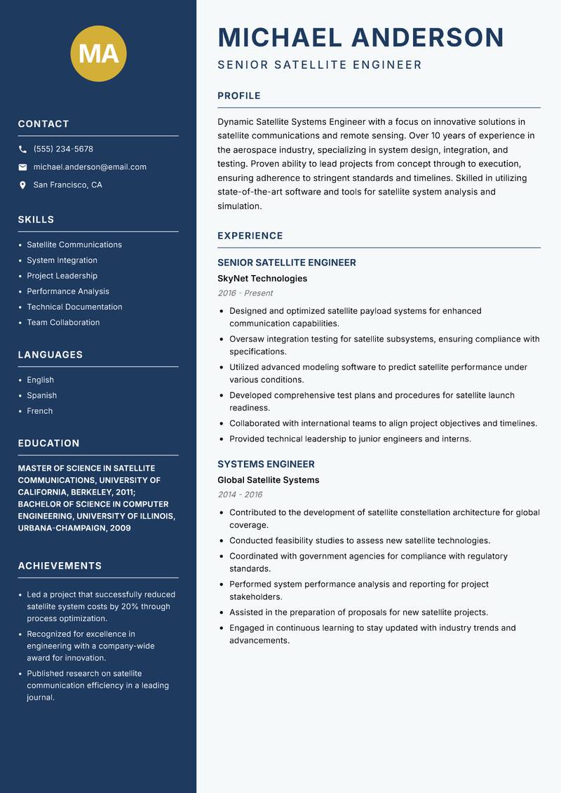 Satellite Systems Engineer resume template — Classic Clean