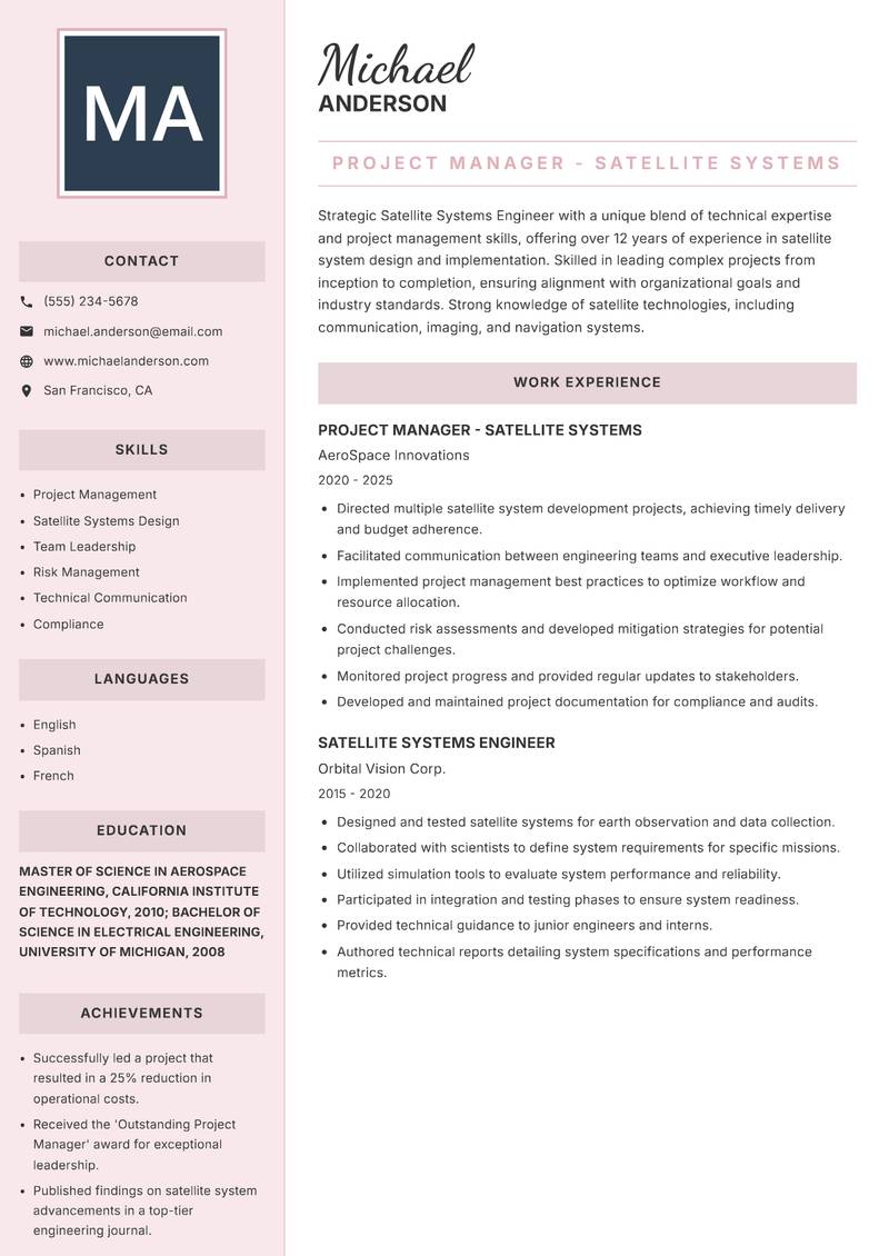 Satellite Systems Engineer resume template — Executive