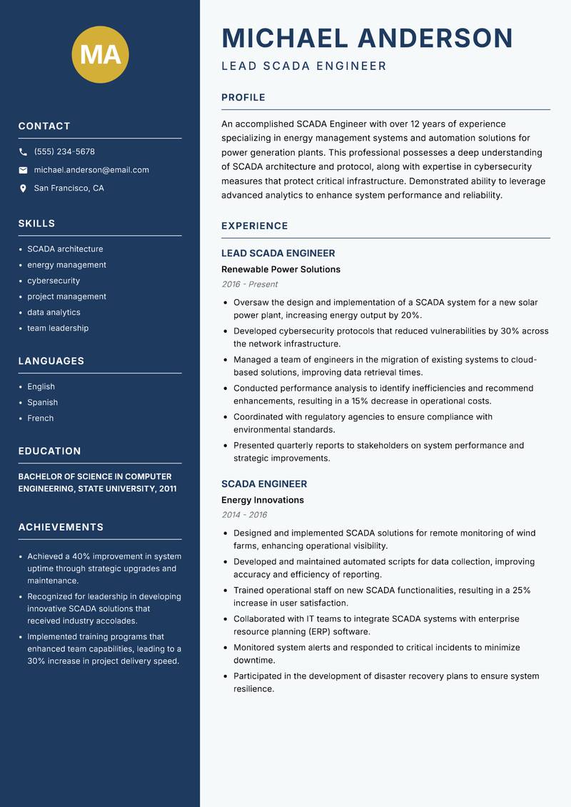 SCADA Engineer resume template — Classic Clean
