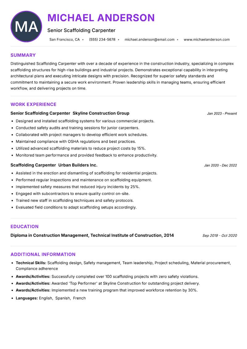 Scaffolding Carpenter resume example — ATS-friendly template