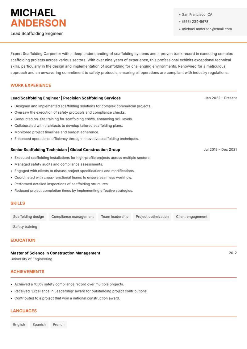 Scaffolding Carpenter resume template — Modern Professional