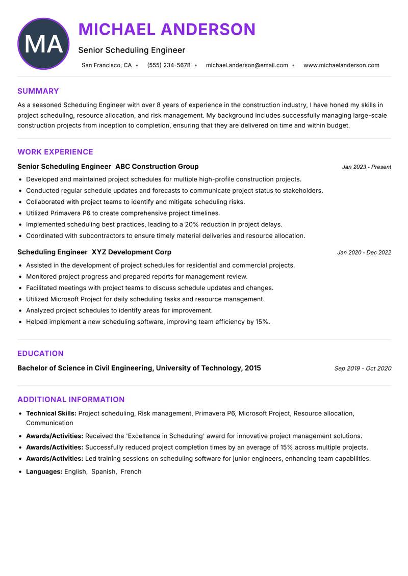 Scheduling Engineer resume example — ATS-friendly template