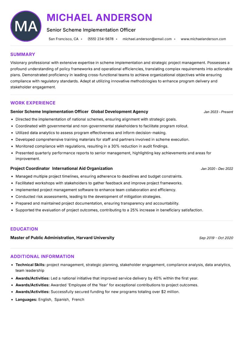 Scheme Implementation Officer resume example — ATS-friendly template