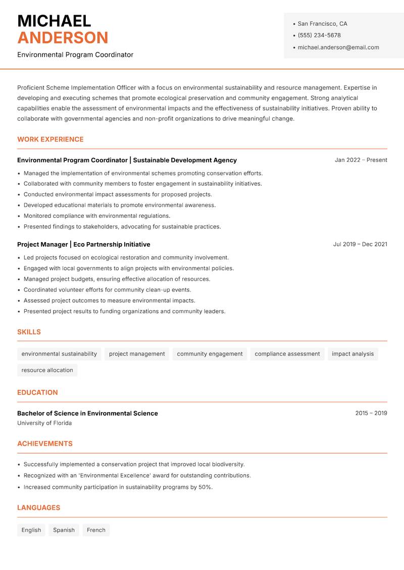 Scheme Implementation Officer resume template — Modern Professional