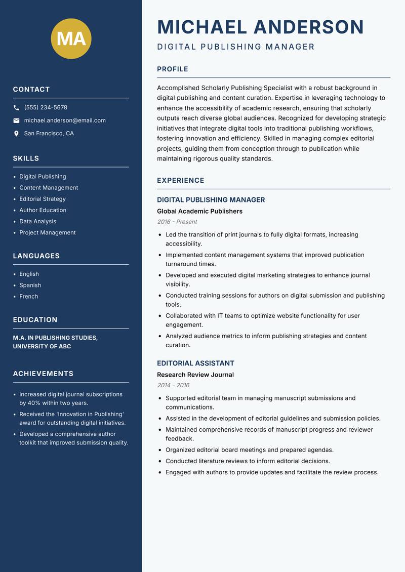 Scholarly Publishing Specialist resume template — Classic Clean