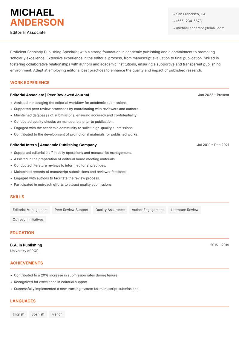 Scholarly Publishing Specialist resume template — Modern Professional