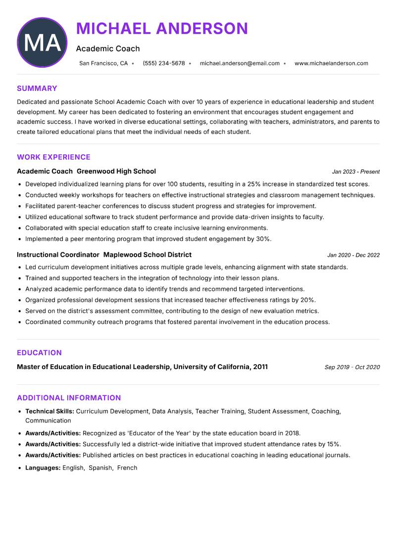 School Academic Coach resume example — ATS-friendly template
