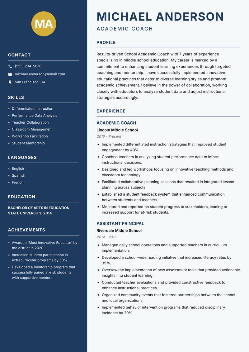 School Academic Coach resume template — Classic Clean