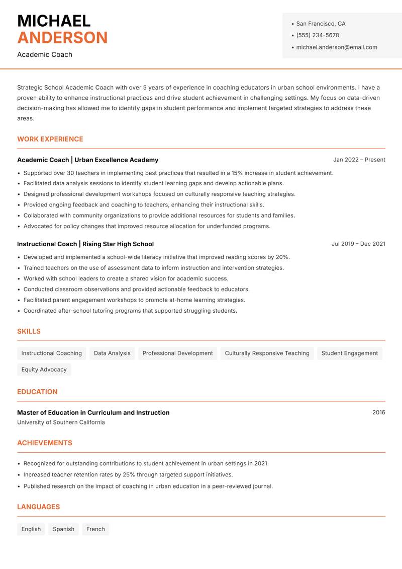 School Academic Coach resume template — Modern Professional