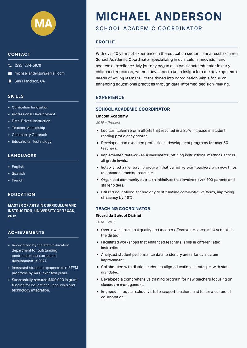 School Academic Coordinator resume template — Classic Clean
