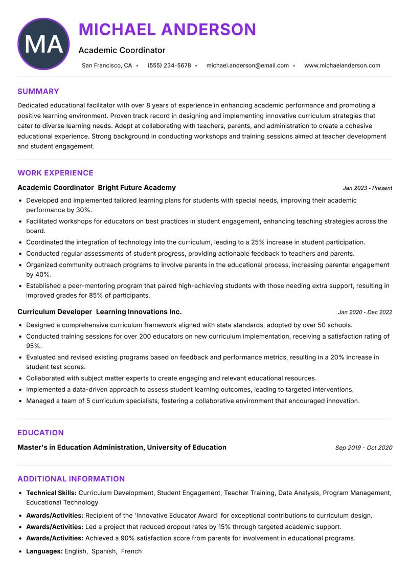 School Academic Facilitator resume example — ATS-friendly template