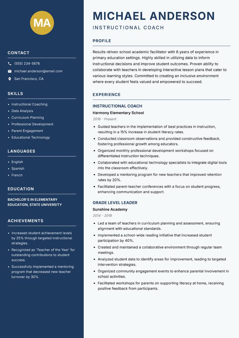 School Academic Facilitator resume template — Classic Clean