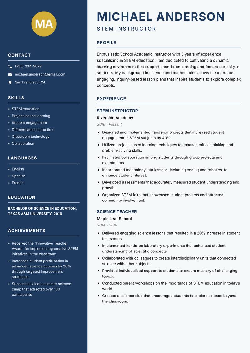 School Academic Instructor resume template — Classic Clean