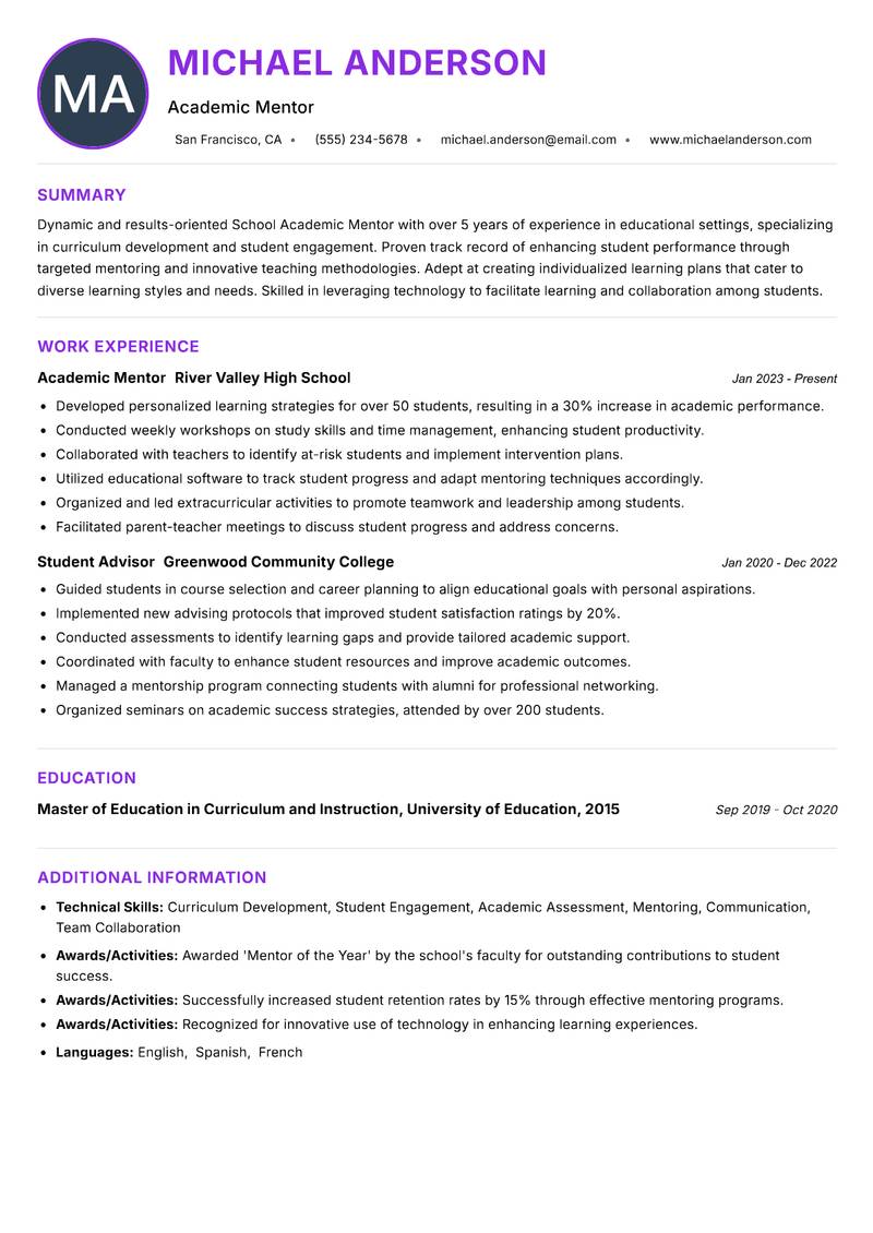 School Academic Mentor resume example — ATS-friendly template