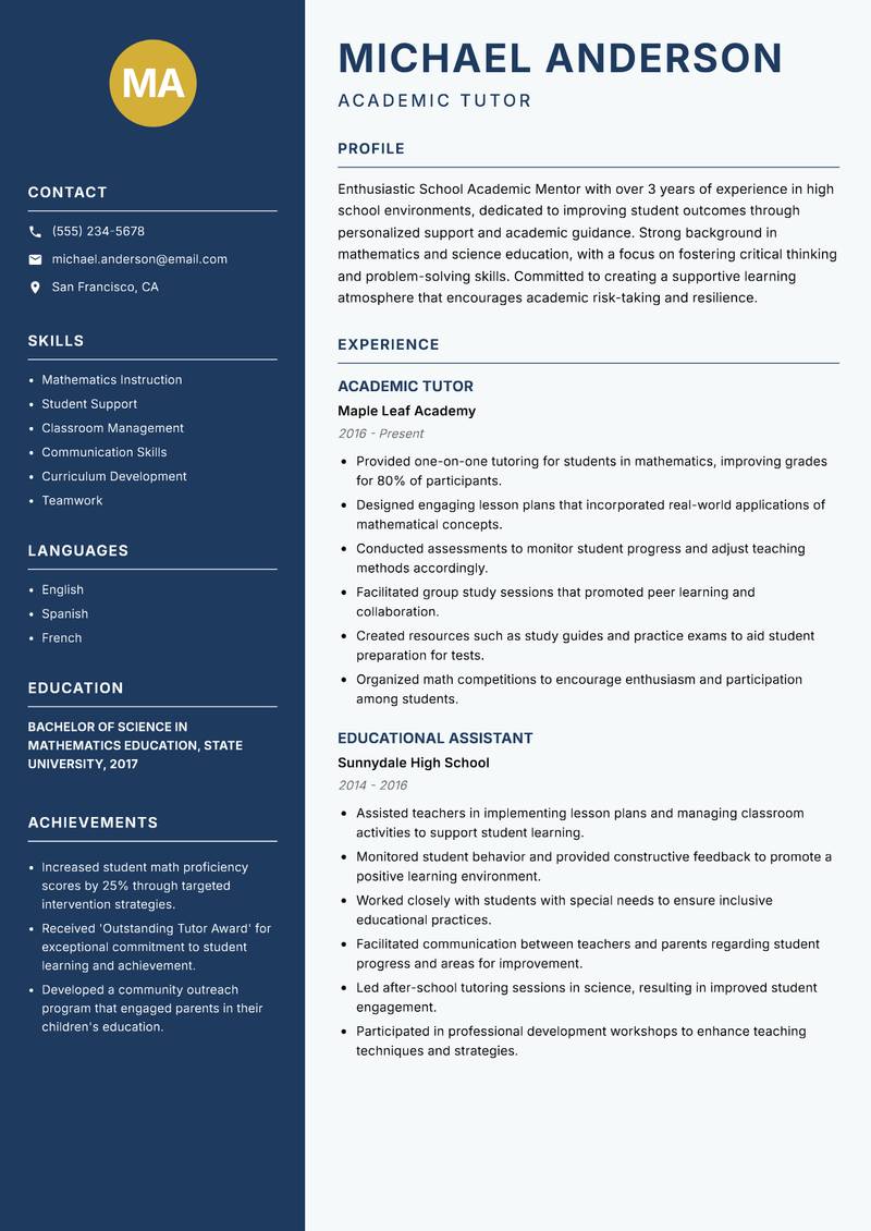 School Academic Mentor resume template — Classic Clean