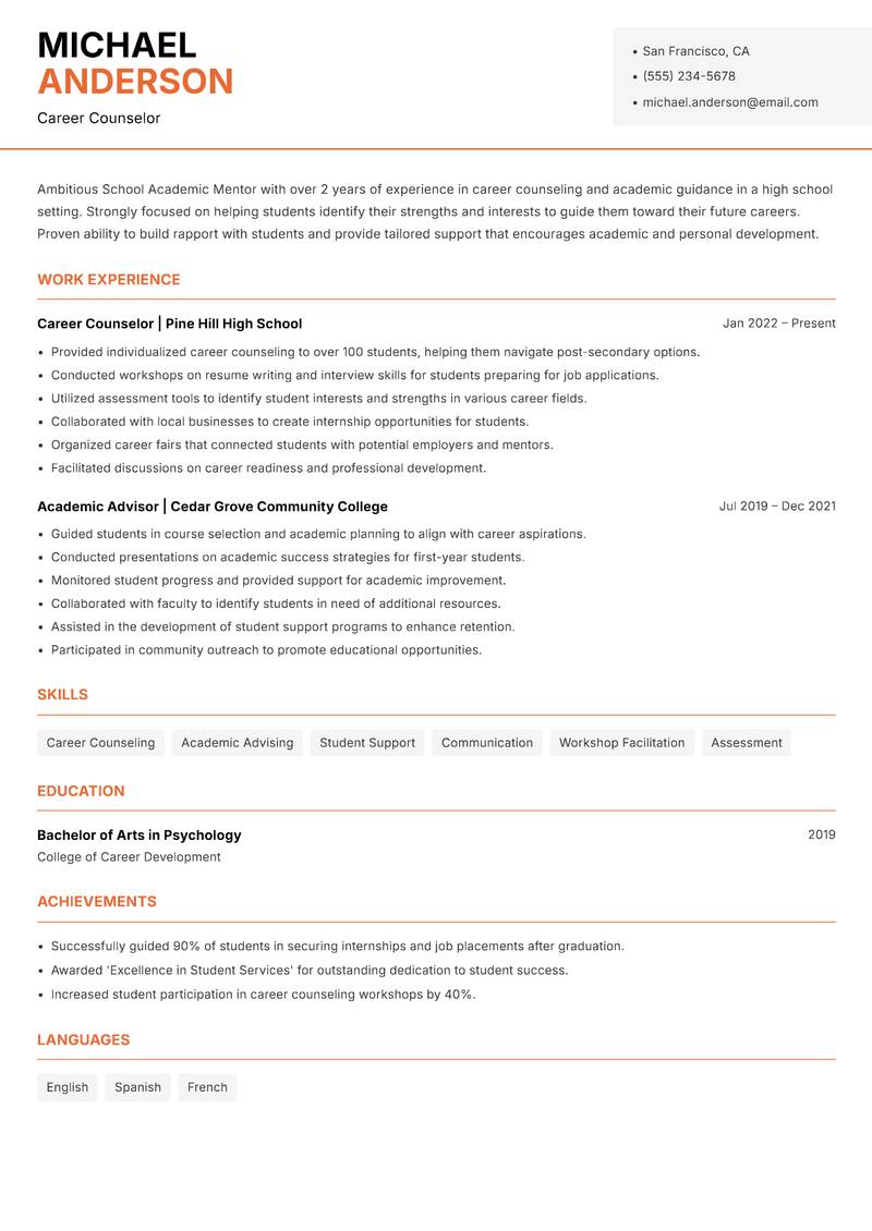School Academic Mentor resume template — Modern Professional
