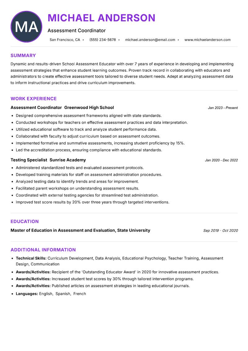 School Assessment Educator resume example — ATS-friendly template