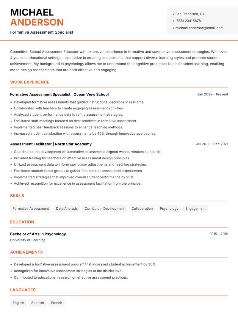 School Assessment Educator resume template — Modern Professional