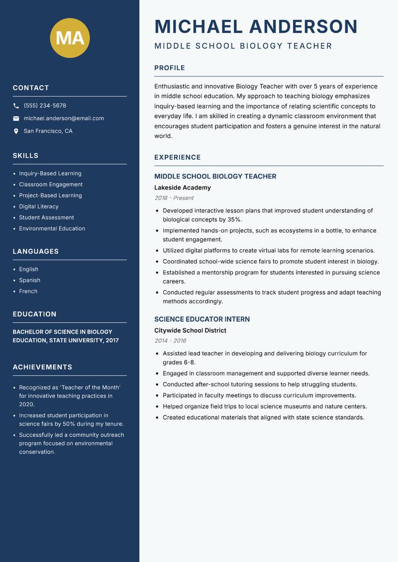 School Biology Teacher resume template — Classic Clean