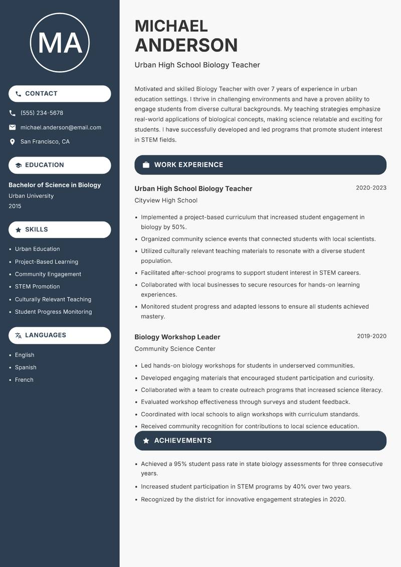 School Biology Teacher resume template — Compact