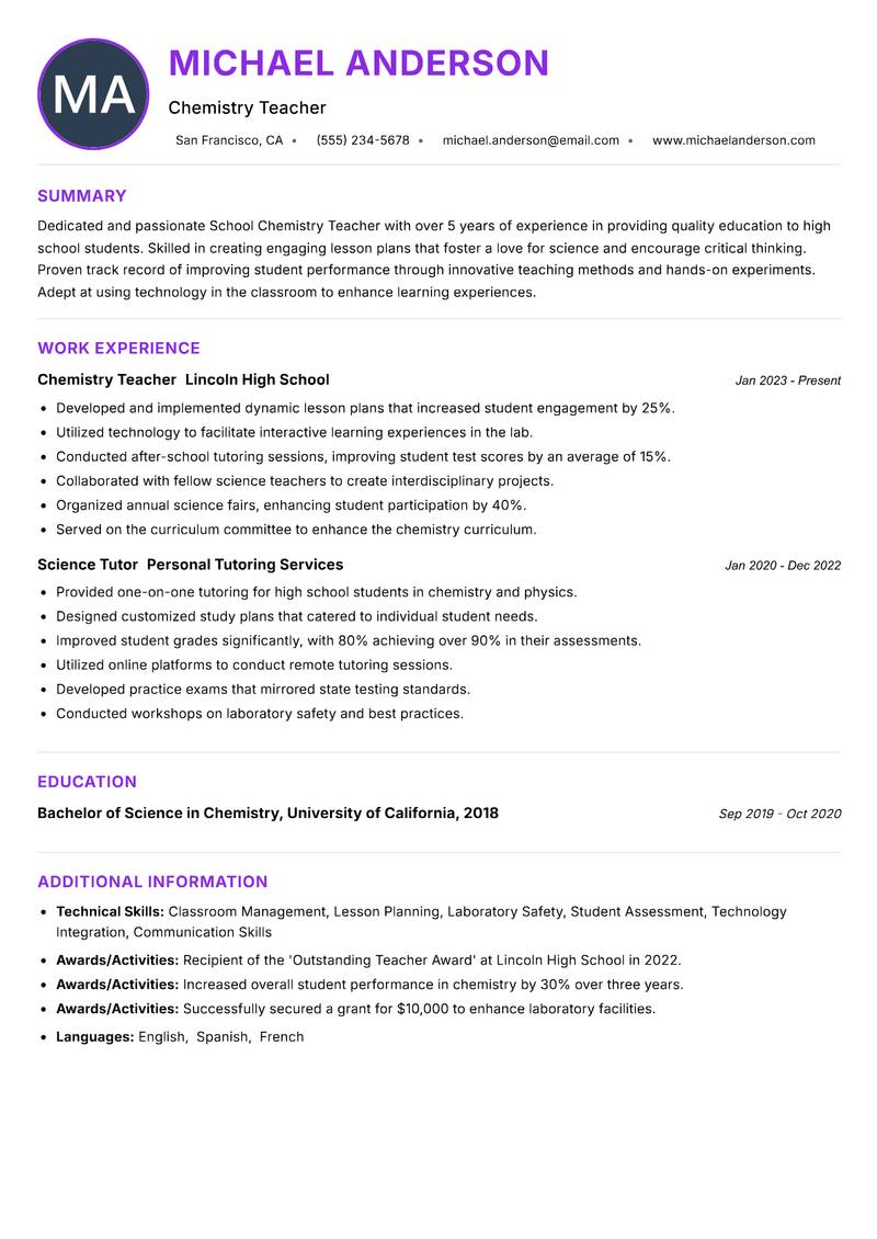 School Chemistry Teacher resume example — ATS-friendly template