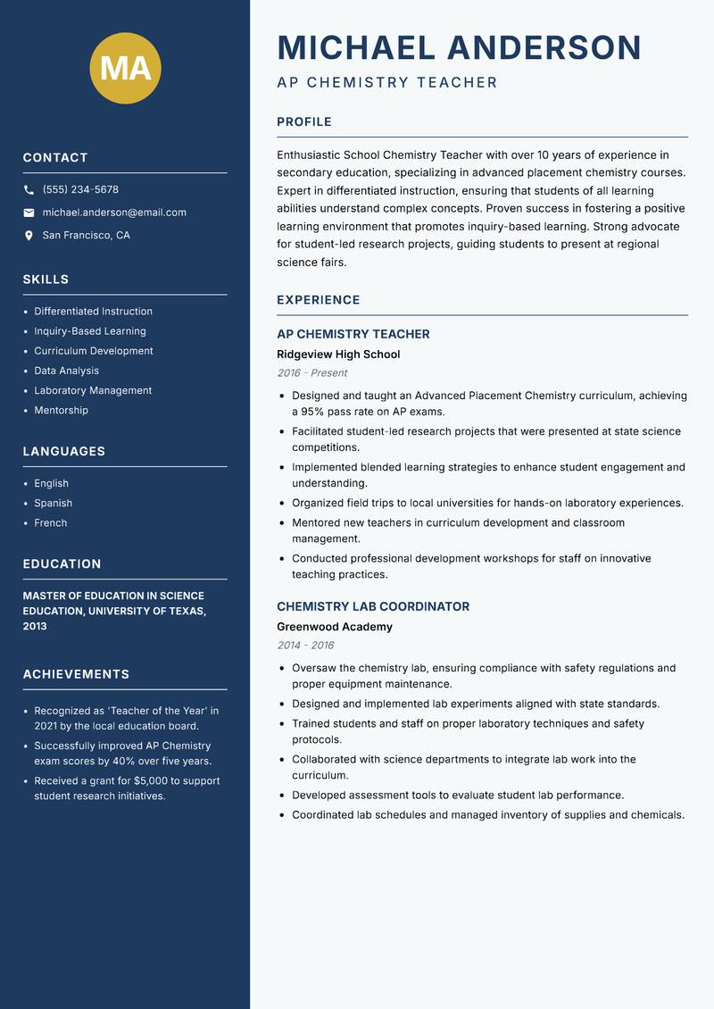 School Chemistry Teacher resume template — Classic Clean