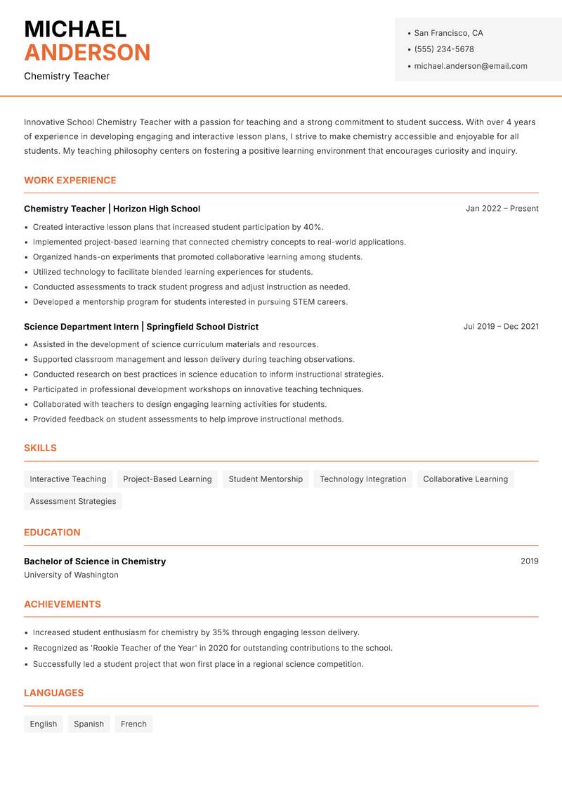 School Chemistry Teacher resume template — Modern Professional