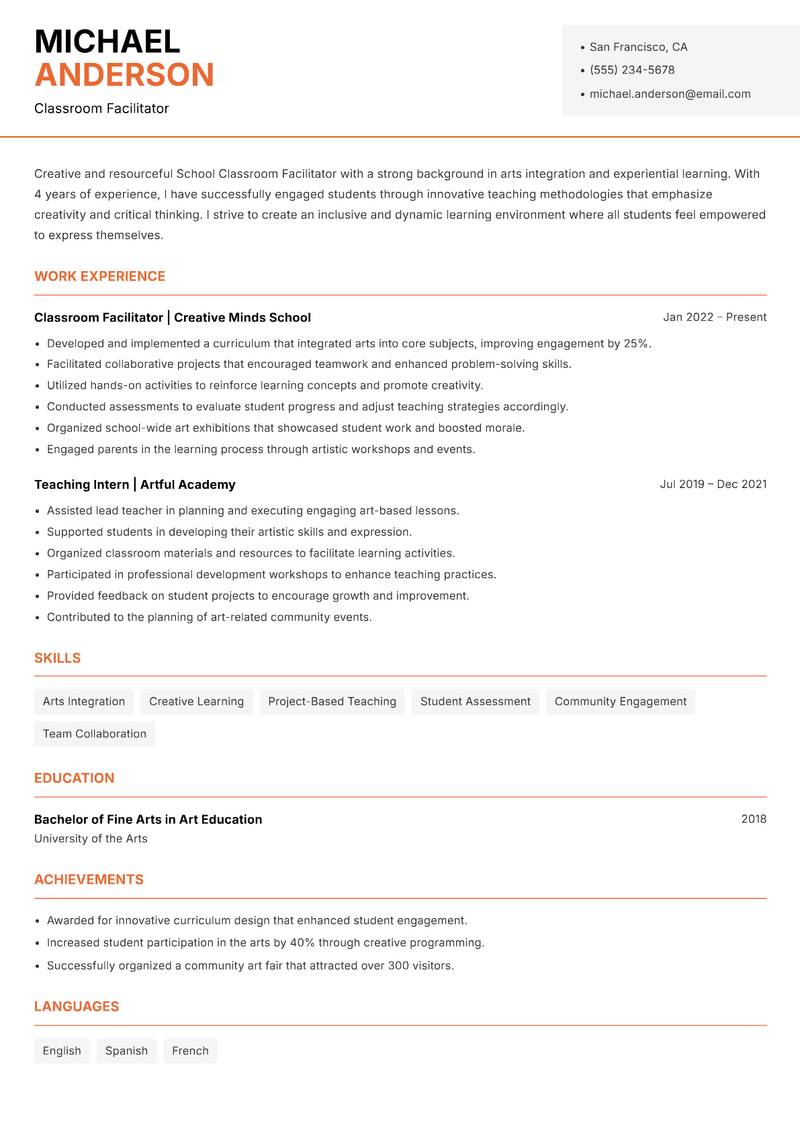 School Classroom Facilitator resume template — Modern Professional