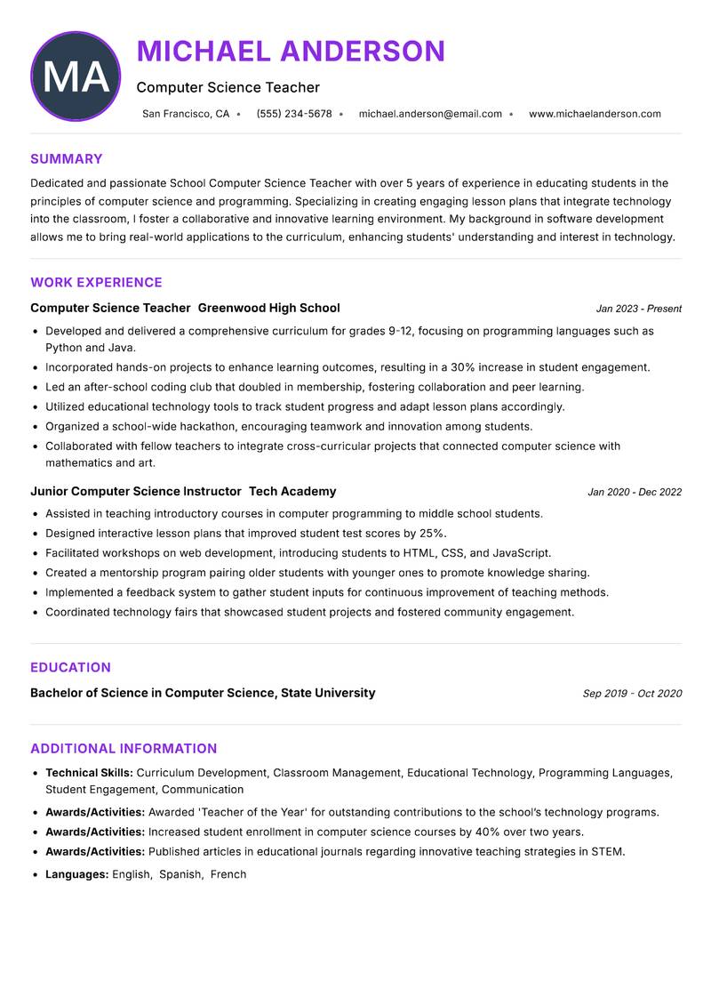 School Computer Science Teacher resume example — ATS-friendly template