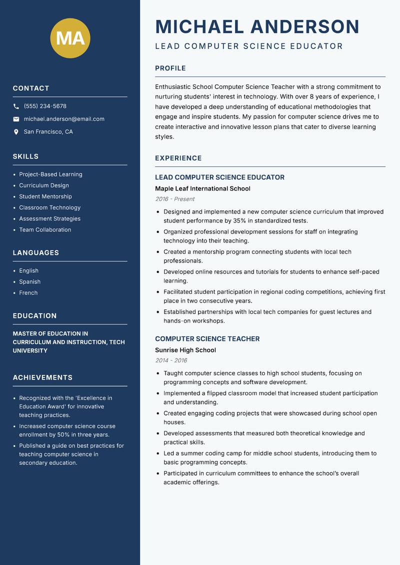 School Computer Science Teacher resume template — Classic Clean