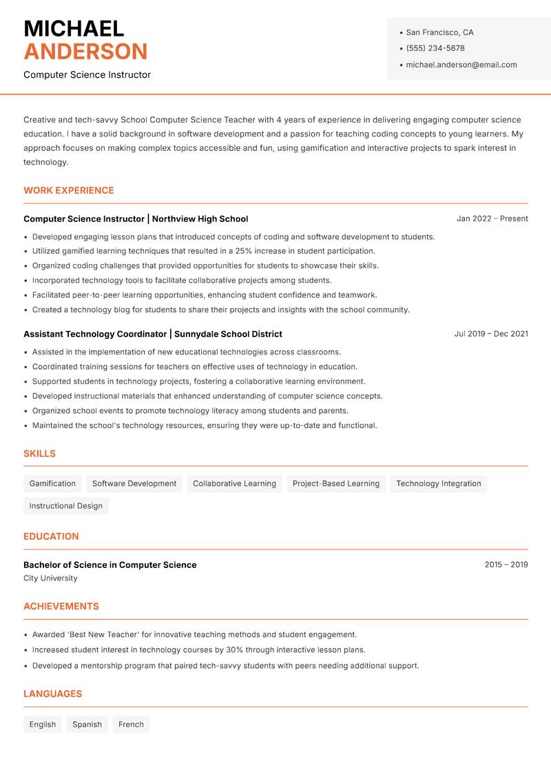 School Computer Science Teacher resume template — Modern Professional