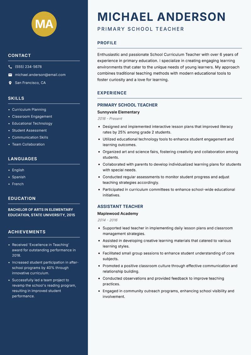 School Curriculum Teacher resume template — Classic Clean
