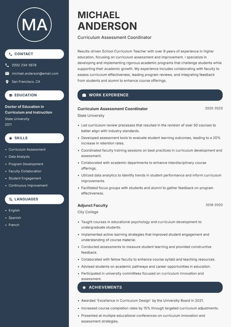 School Curriculum Teacher resume template — Compact