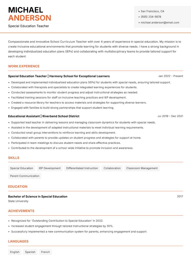 School Curriculum Teacher resume template — Modern Professional