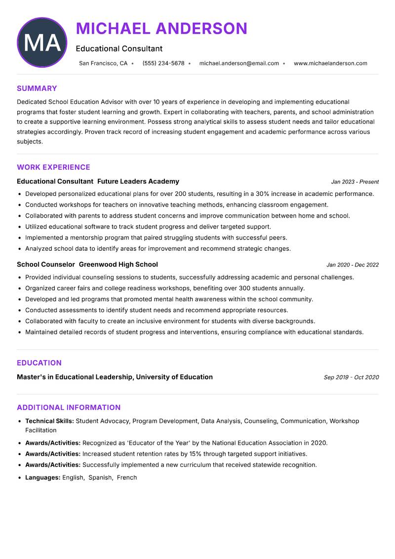 School Education Advisor resume example — ATS-friendly template