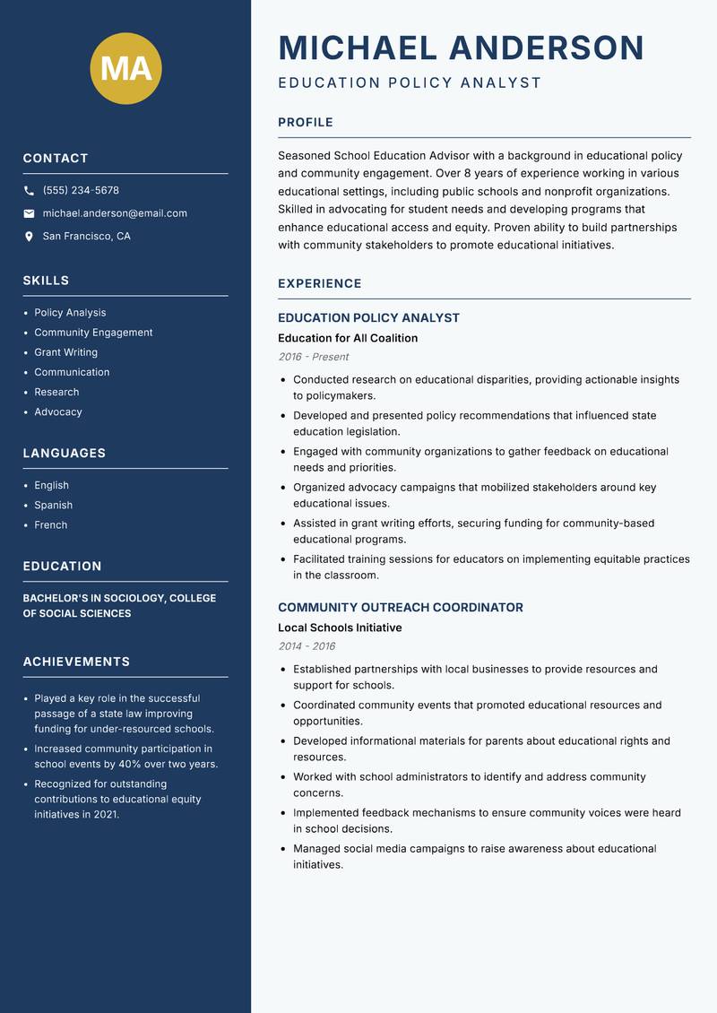 School Education Advisor resume template — Classic Clean
