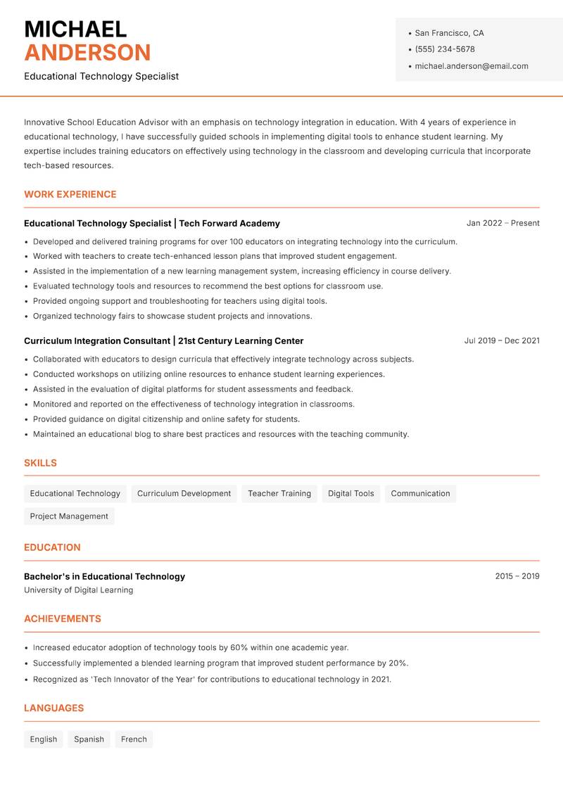 School Education Advisor resume template — Modern Professional