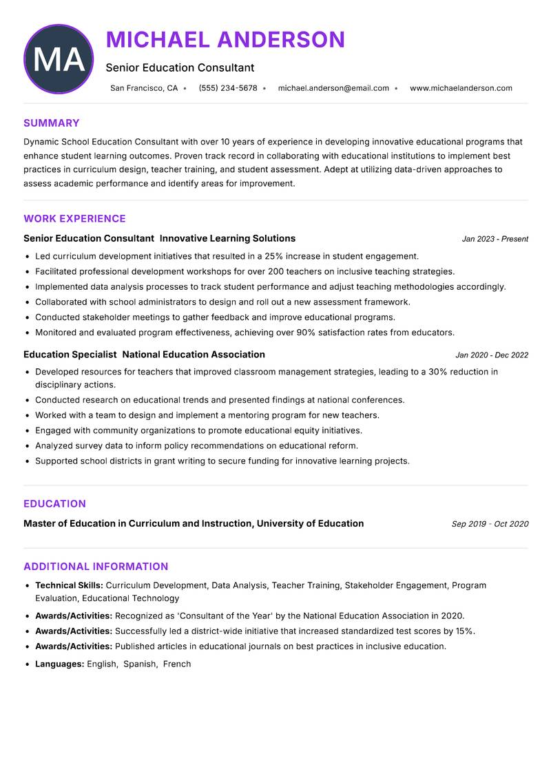 School Education Consultant resume example — ATS-friendly template
